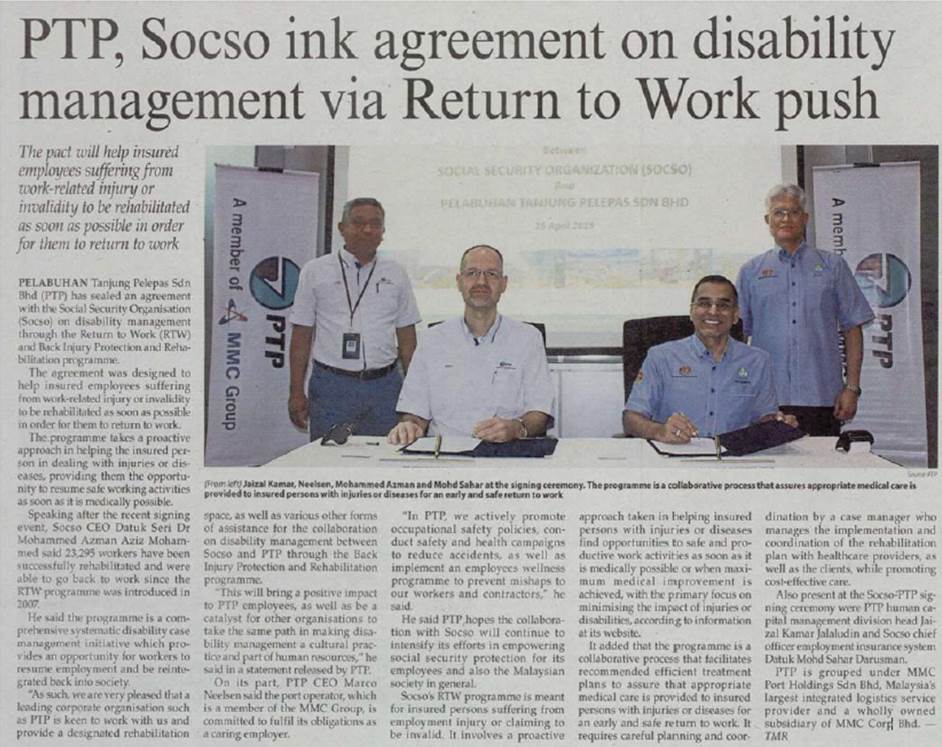 PTP, Socso ink agreement on disability management via Return to Work push 